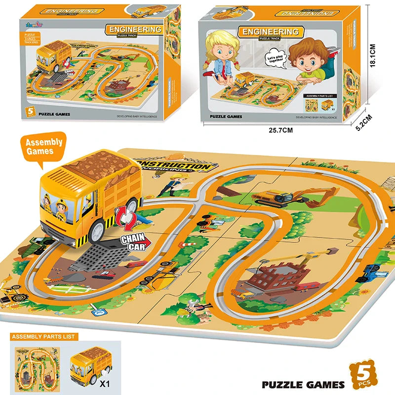 KTX-155987 DIY Puzzle Slot Track Car Set for Preschool Learning and Creative Play, Ages 2 to 13, Includes Pull Back Vehicles