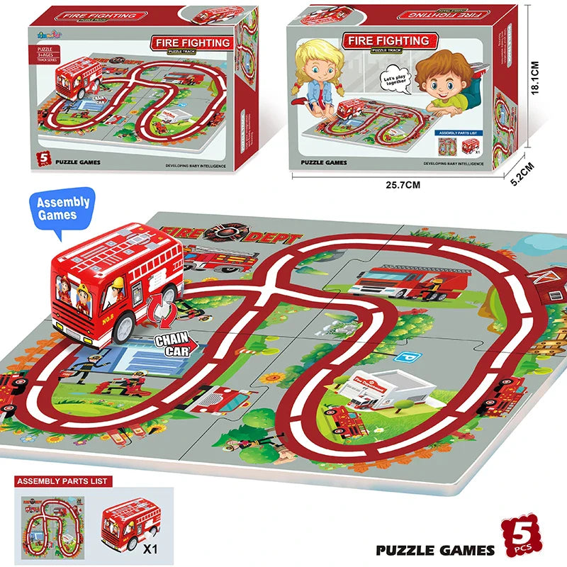 KTX-155987 DIY Puzzle Slot Track Car Set for Preschool Learning and Creative Play, Ages 2 to 13, Includes Pull Back Vehicles