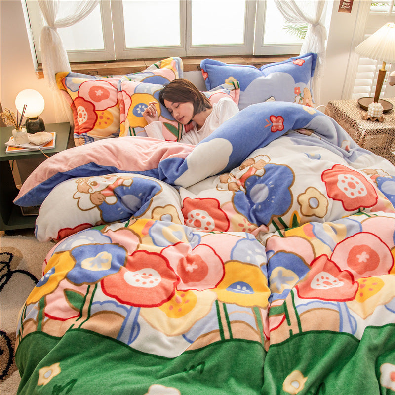 HKM-156051 Four-Piece Milk Velvet Bedding Set for Autumn and Winter