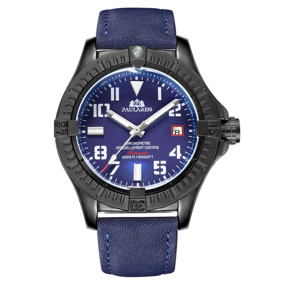 HKM-156243 Luminous Mechanical Sports Watch with Calendar, Waterproof and Durable Leather Strap, 45mm Dial