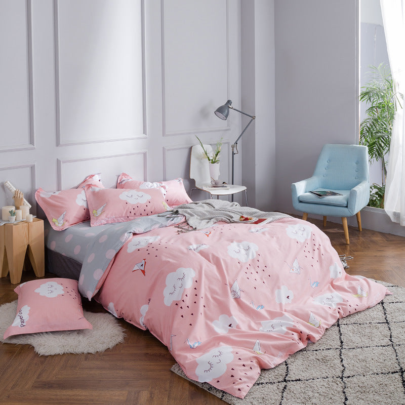HKM-157203 Cotton Twill Print Bedding Set - Four-Piece Floral Design for 1.8m Beds