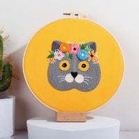 HKM-158035 DIY Handmade Embroidery Kit - European Abstract Cat Designs on Cotton Cloth