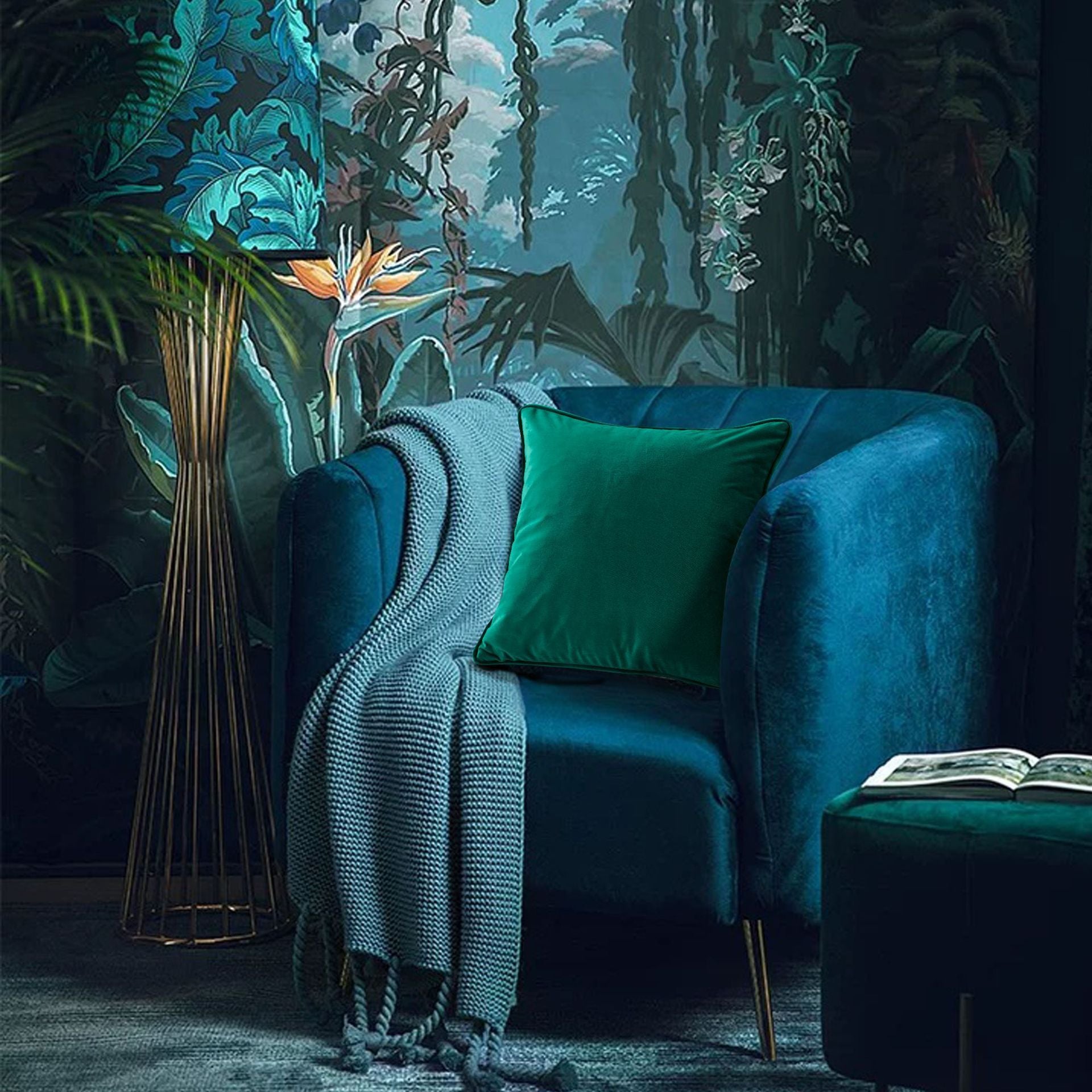 HKM-158099 Modern Dutch Velvet Pillow Case with Tropical Rainforest Print - 45x45 & 50x50 Sizes
