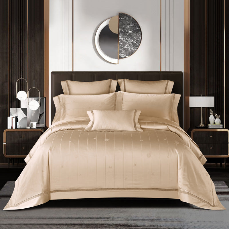 HKM-159507 High Density Jacquard Cotton Bedding Set - 4 Pieces in Pink, Grey, and Camel