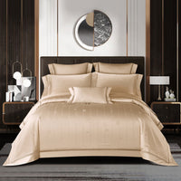 HKM-159507 High Density Jacquard Cotton Bedding Set - 4 Pieces in Pink, Grey, and Camel