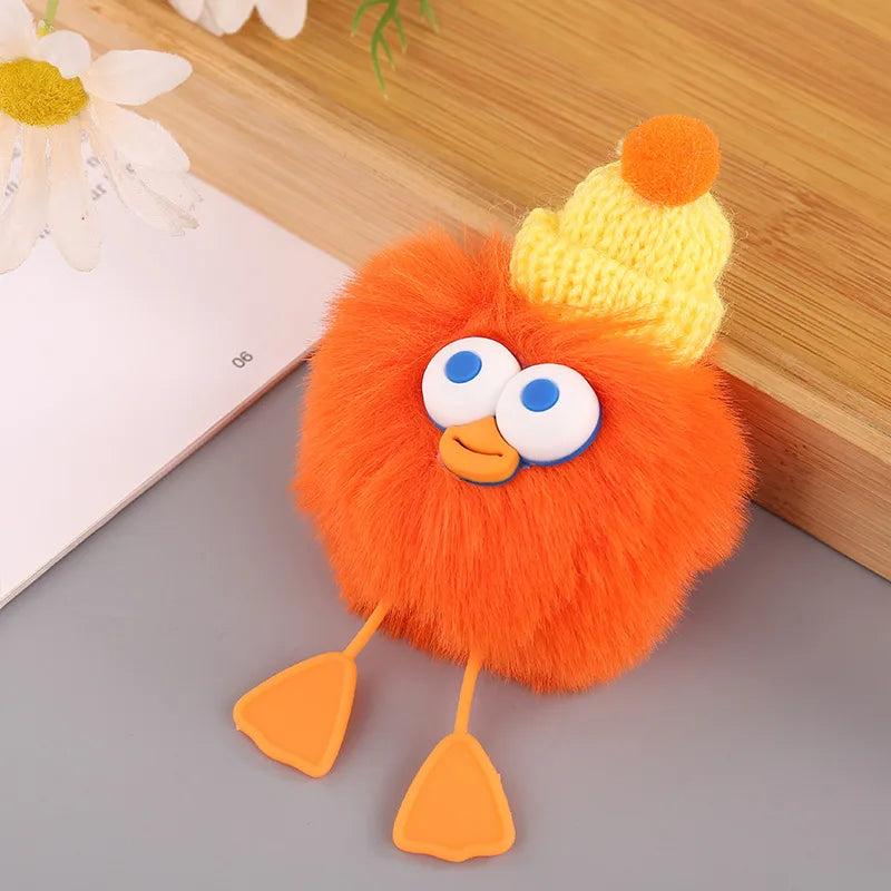 HKM-160019 Plush Duckling Keychain – Soft Fur Ball Pendant for Bags, Backpacks, and Keys