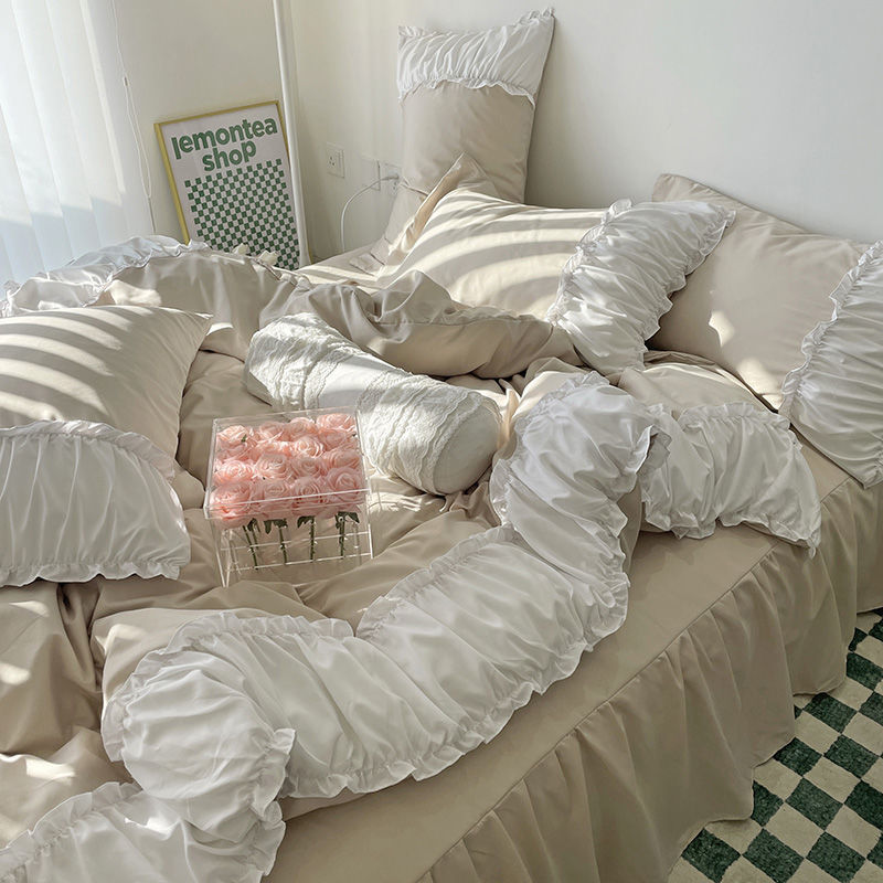 HKM-161171 Elegant French Lace Pleated Bed Skirt Set with Floral Design - Available in Multiple Sizes