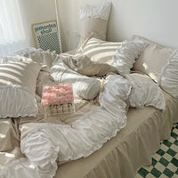 HKM-161171 Elegant French Lace Pleated Bed Skirt Set with Floral Design - Available in Multiple Sizes