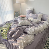 HKM-161171 Elegant French Lace Pleated Bed Skirt Set with Floral Design - Available in Multiple Sizes