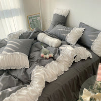 HKM-161171 Elegant French Lace Pleated Bed Skirt Set with Floral Design - Available in Multiple Sizes