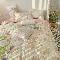 HKM-161171 Elegant French Lace Pleated Bed Skirt Set with Floral Design - Available in Multiple Sizes