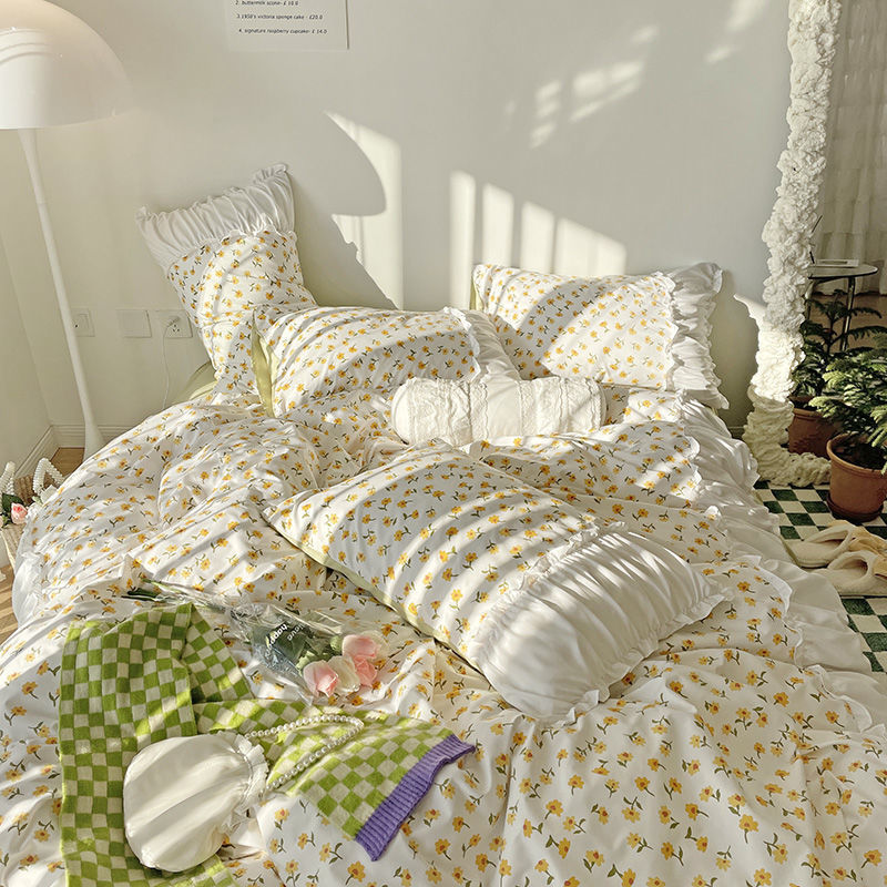 HKM-161171 Elegant French Lace Pleated Bed Skirt Set with Floral Design - Available in Multiple Sizes
