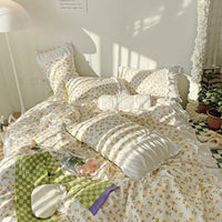 HKM-161171 Elegant French Lace Pleated Bed Skirt Set with Floral Design - Available in Multiple Sizes