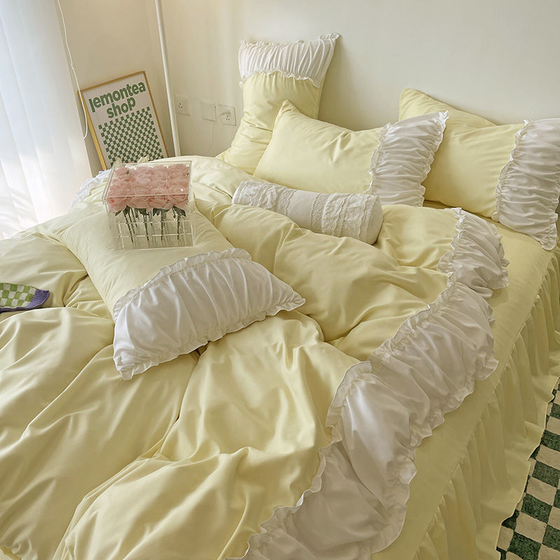 HKM-161171 Elegant French Lace Pleated Bed Skirt Set with Floral Design - Available in Multiple Sizes