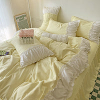 HKM-161171 Elegant French Lace Pleated Bed Skirt Set with Floral Design - Available in Multiple Sizes