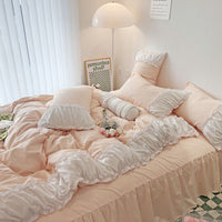HKM-161171 Elegant French Lace Pleated Bed Skirt Set with Floral Design - Available in Multiple Sizes