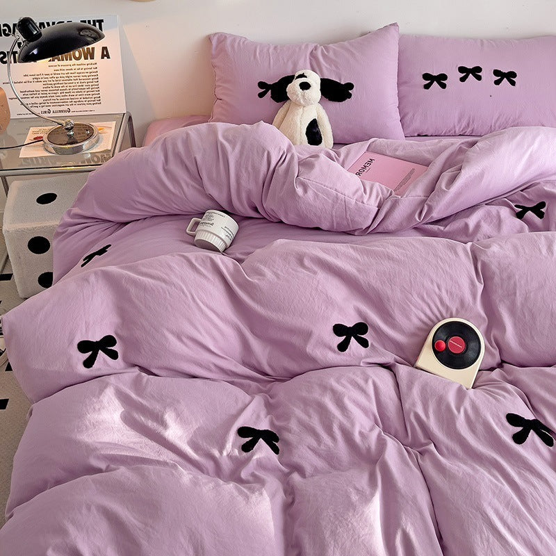 HKM-161491 Super Soft Washed Cotton Girl's Quilt Cover Set with Heart Bow Embroidery - 4-Piece Bedding Set