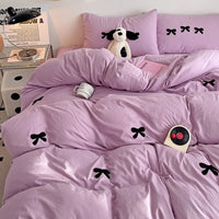 HKM-161491 Super Soft Washed Cotton Girl's Quilt Cover Set with Heart Bow Embroidery - 4-Piece Bedding Set