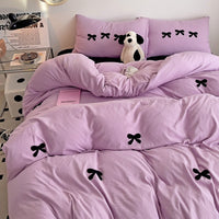 HKM-161491 Super Soft Washed Cotton Girl's Quilt Cover Set with Heart Bow Embroidery - 4-Piece Bedding Set