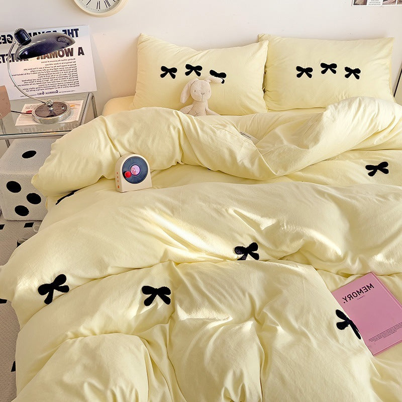 HKM-161491 Super Soft Washed Cotton Girl's Quilt Cover Set with Heart Bow Embroidery - 4-Piece Bedding Set