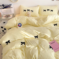 HKM-161491 Super Soft Washed Cotton Girl's Quilt Cover Set with Heart Bow Embroidery - 4-Piece Bedding Set