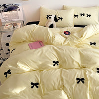 HKM-161491 Super Soft Washed Cotton Girl's Quilt Cover Set with Heart Bow Embroidery - 4-Piece Bedding Set