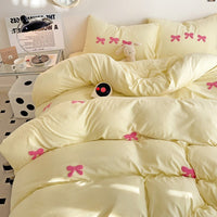 HKM-161491 Super Soft Washed Cotton Girl's Quilt Cover Set with Heart Bow Embroidery - 4-Piece Bedding Set