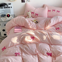 HKM-161491 Super Soft Washed Cotton Girl's Quilt Cover Set with Heart Bow Embroidery - 4-Piece Bedding Set