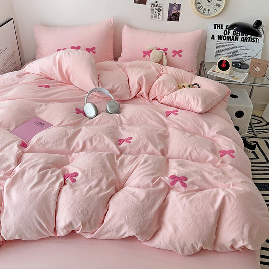 HKM-161491 Super Soft Washed Cotton Girl's Quilt Cover Set with Heart Bow Embroidery - 4-Piece Bedding Set