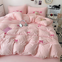 HKM-161491 Super Soft Washed Cotton Girl's Quilt Cover Set with Heart Bow Embroidery - 4-Piece Bedding Set