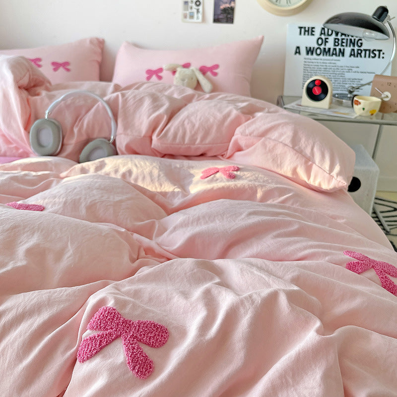 HKM-161491 Super Soft Washed Cotton Girl's Quilt Cover Set with Heart Bow Embroidery - 4-Piece Bedding Set