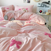 HKM-161491 Super Soft Washed Cotton Girl's Quilt Cover Set with Heart Bow Embroidery - 4-Piece Bedding Set