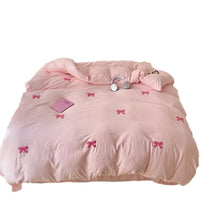 HKM-161491 Super Soft Washed Cotton Girl's Quilt Cover Set with Heart Bow Embroidery - 4-Piece Bedding Set