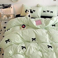 HKM-161491 Super Soft Washed Cotton Girl's Quilt Cover Set with Heart Bow Embroidery - 4-Piece Bedding Set