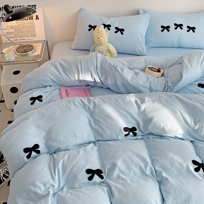 HKM-161491 Super Soft Washed Cotton Girl's Quilt Cover Set with Heart Bow Embroidery - 4-Piece Bedding Set