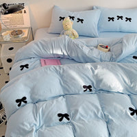 HKM-161491 Super Soft Washed Cotton Girl's Quilt Cover Set with Heart Bow Embroidery - 4-Piece Bedding Set