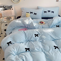 HKM-161491 Super Soft Washed Cotton Girl's Quilt Cover Set with Heart Bow Embroidery - 4-Piece Bedding Set