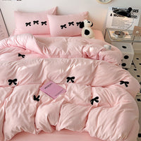HKM-161491 Super Soft Washed Cotton Girl's Quilt Cover Set with Heart Bow Embroidery - 4-Piece Bedding Set
