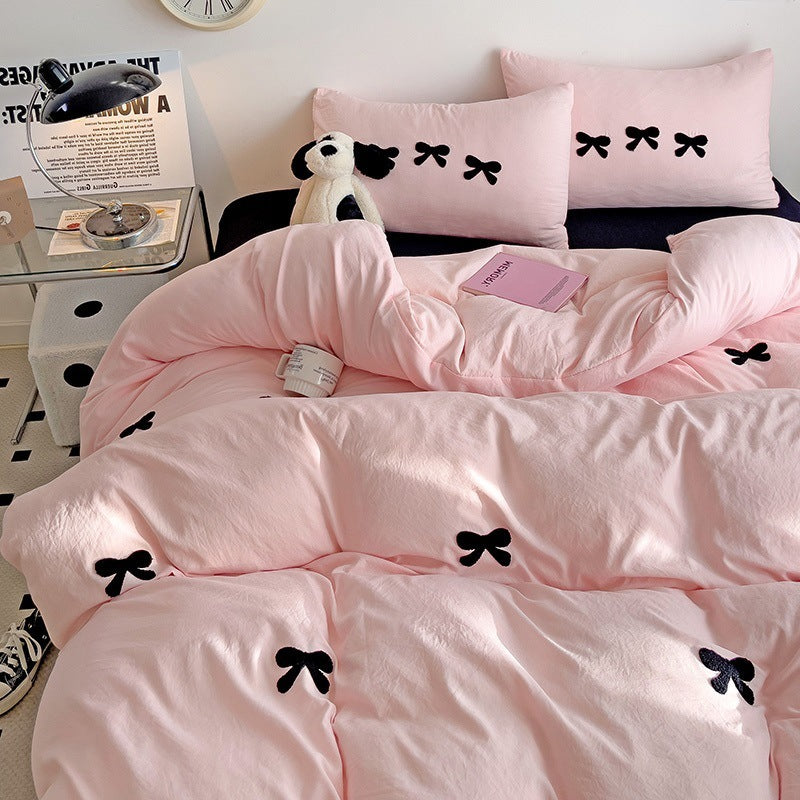 HKM-161491 Super Soft Washed Cotton Girl's Quilt Cover Set with Heart Bow Embroidery - 4-Piece Bedding Set