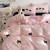 HKM-161491 Super Soft Washed Cotton Girl's Quilt Cover Set with Heart Bow Embroidery - 4-Piece Bedding Set