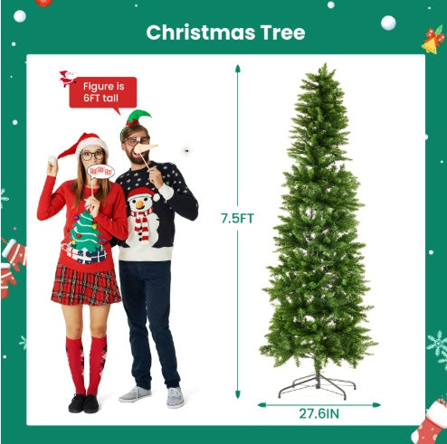 HKM-161619 Slim Prelit Christmas Tree with 250 Warm White Lights and Foldable Metal Stand in Multiple Sizes