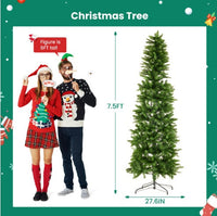 HKM-161619 Slim Prelit Christmas Tree with 250 Warm White Lights and Foldable Metal Stand in Multiple Sizes