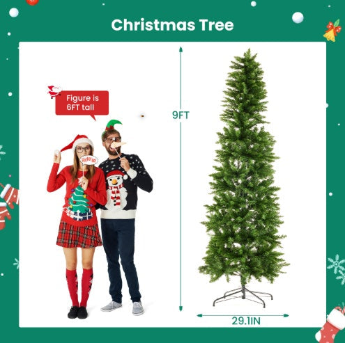 HKM-161619 Slim Prelit Christmas Tree with 250 Warm White Lights and Foldable Metal Stand in Multiple Sizes
