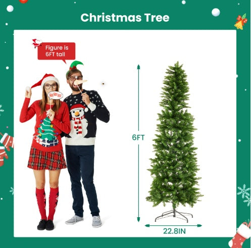 HKM-161619 Slim Prelit Christmas Tree with 250 Warm White Lights and Foldable Metal Stand in Multiple Sizes