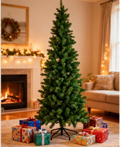 HKM-161619 Slim Prelit Christmas Tree with 250 Warm White Lights and Foldable Metal Stand in Multiple Sizes
