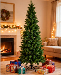 HKM-161619 Slim Prelit Christmas Tree with 250 Warm White Lights and Foldable Metal Stand in Multiple Sizes