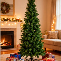 HKM-161619 Slim Prelit Christmas Tree with 250 Warm White Lights and Foldable Metal Stand in Multiple Sizes