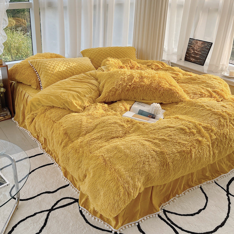 HKM-161811 Milk Fiber Coral Velvet Winter Bed Set - Four-Piece Plush Fleece-Lined Quilt Cover with Bed Skirt