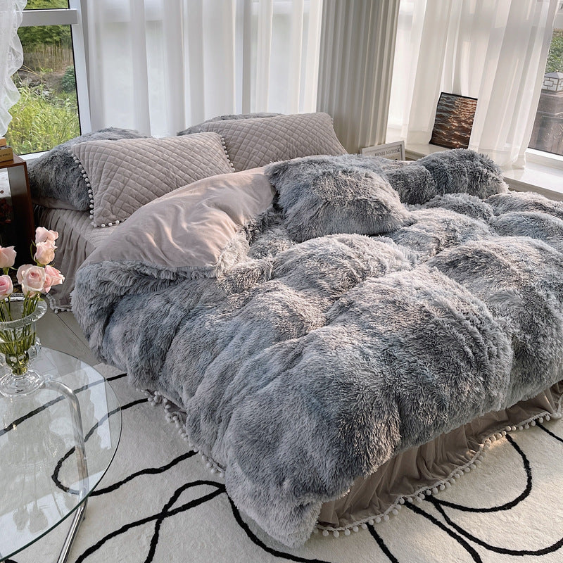 HKM-161811 Milk Fiber Coral Velvet Winter Bed Set - Four-Piece Plush Fleece-Lined Quilt Cover with Bed Skirt