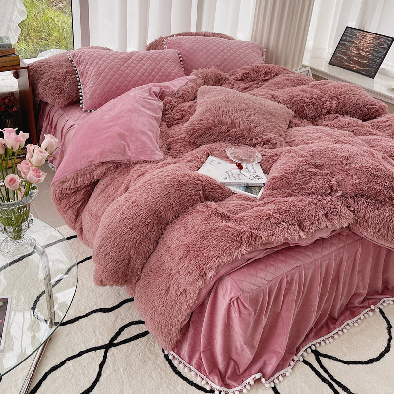 HKM-161811 Milk Fiber Coral Velvet Winter Bed Set - Four-Piece Plush Fleece-Lined Quilt Cover with Bed Skirt